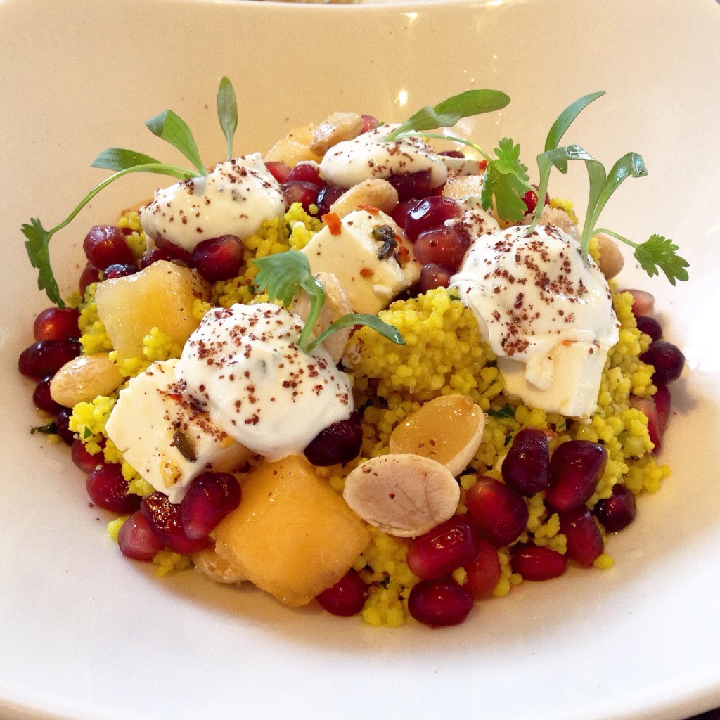 Couscous Salad from Manhattan Beach Post with melons, mint, pomegranate and lavender infused feta cheese. Yum! 