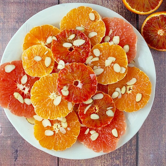 Winter Citrus Salad of Cara Cara Oranges, Grapefruits and Strawberry Tangerines with Honey and Almonds