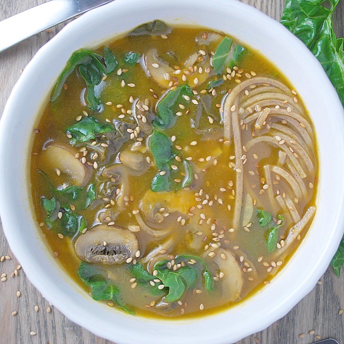 30 Minute Vegetarian Soba Soup with Mushrooms and Chard