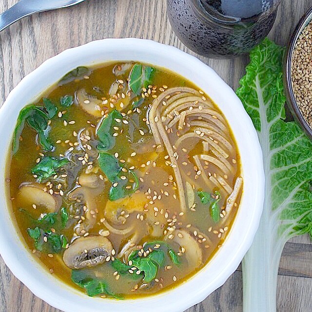 Vegan and vegetarian Soba Soup with Mushrooms and Chard 4