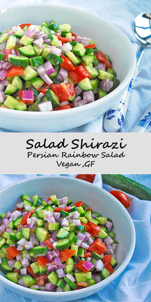 Salad Shirazi is a simple, colorful salad of cucumbers, tomato and onion which is a staple of Persian cuisine! Vegan and gluten free. 