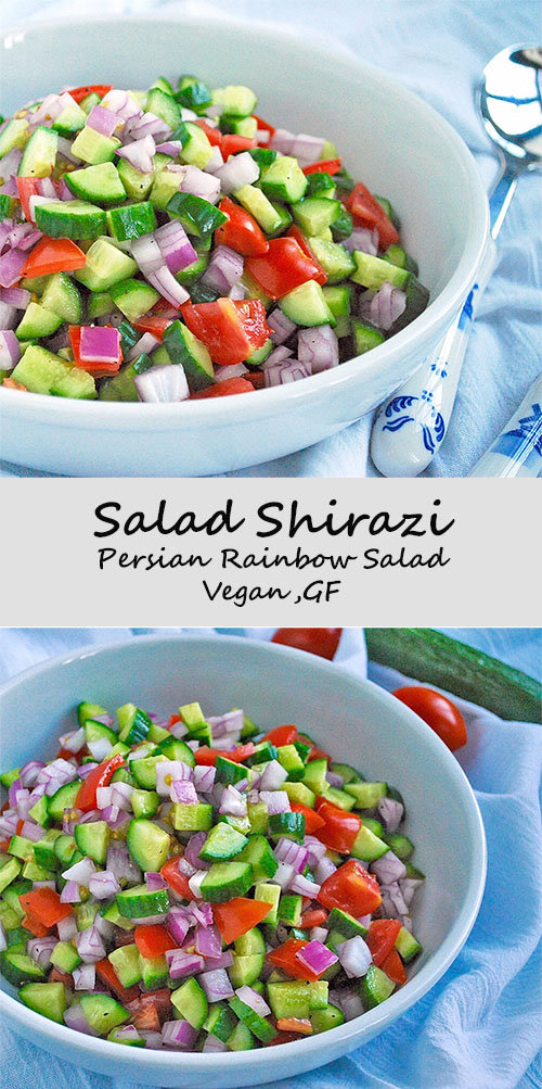 Salad Shirazi is a simple, colorful salad of cucumbers, tomato and onion which is a staple of Persian cuisine! Vegan and gluten free. 