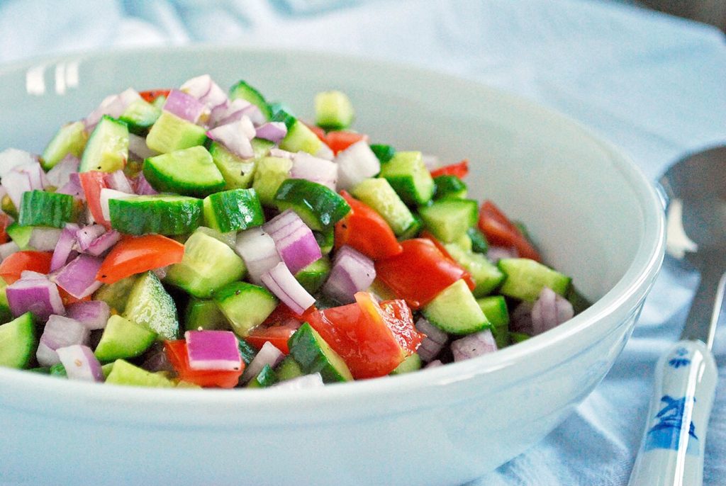 Salad Shirazi is a simple, colorful salad of cucumbers, tomato and onion which is a staple of Persian cuisine! Vegan and gluten free. 