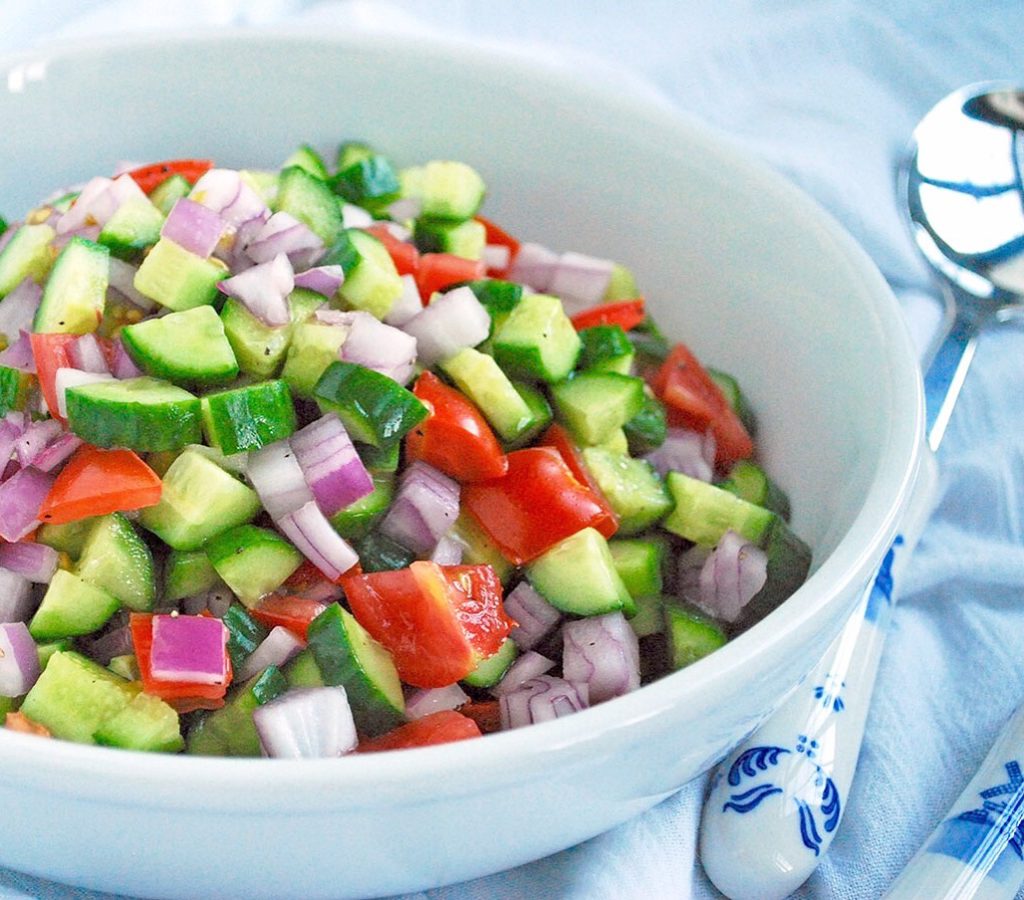 Salad Shirazi is a simple, colorful salad of cucumbers, tomato and onion which is a staple of Persian cuisine! Vegan and gluten free. 