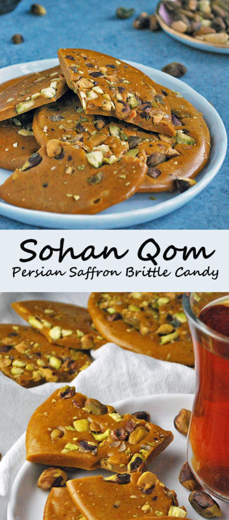 Sohan-e Qom is a traditional Persian saffron brittle candy coming from the city of Qom, Iran. Buttery, crunchy and scented with saffron, this candy is easy to make and utterly addictive with tea.