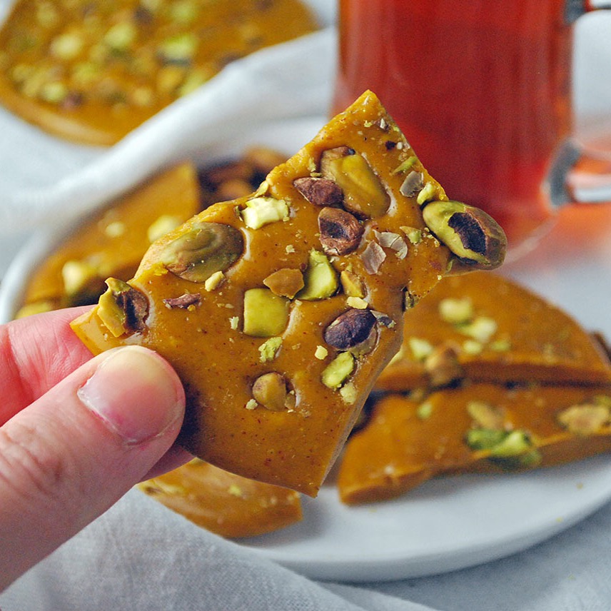 Sohan-e Qom is a traditional Persian saffron brittle candy coming from the city of Qom, Iran. Buttery, crunchy and scented with saffron, this candy is easy to make and utterly addictive with tea.